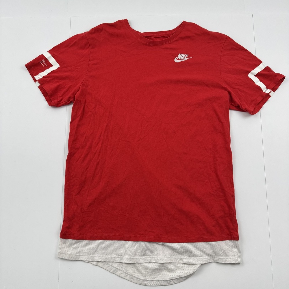 Nike Shirt Mens XL Red The Nike Tee Athletic Cut Mesh Layered Hem Swoosh